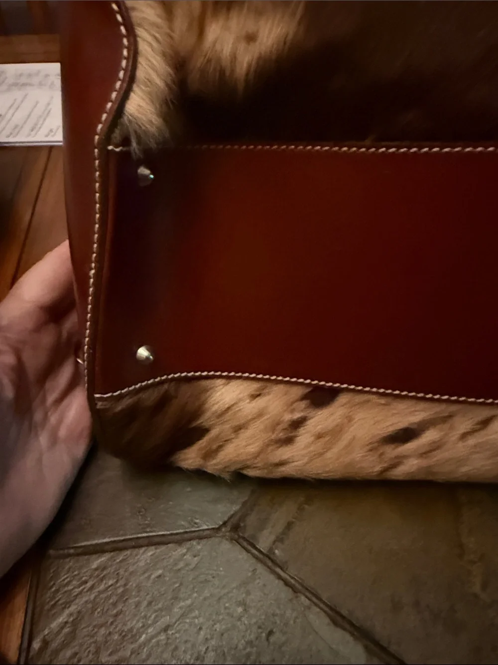 Brown Leather-Strap Horse Hair Barrel Buckle Bag
